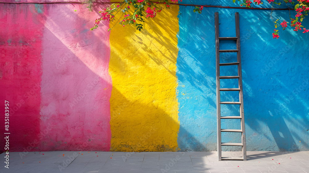 Naklejka premium A vibrant wall adorned with a ladder and an array of colorful flowers