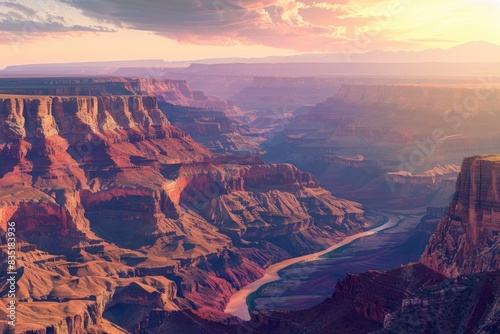 Vivid artistic illustration of The Grand Canyon and Colorado River, United States