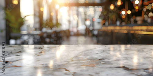Smooth marble table with subtle lighting, set against a blurred chic cafe background, perfect for upscale dining ware or stylish decor