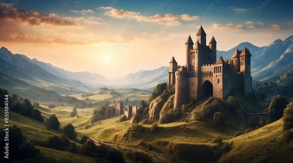 Picture landscape fantasy castle in the land of hills Picture landscape fantasy castle in the land of hills
