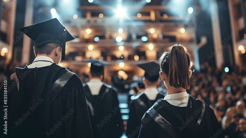 Obraz premium Graduates in Cap and Gown Walking Towards Stage for Diploma Ceremony