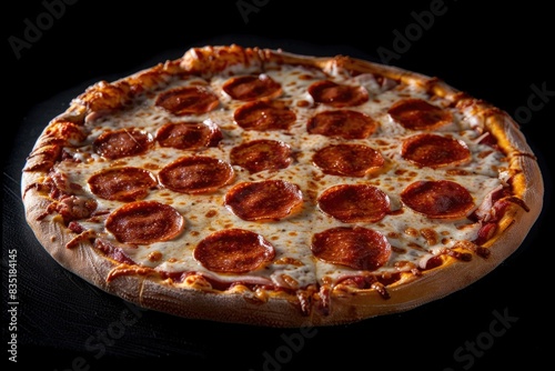 Delicious Pepperoni Pizza Slice with Melting Cheese and Fresh Ingredients on Rustic Background