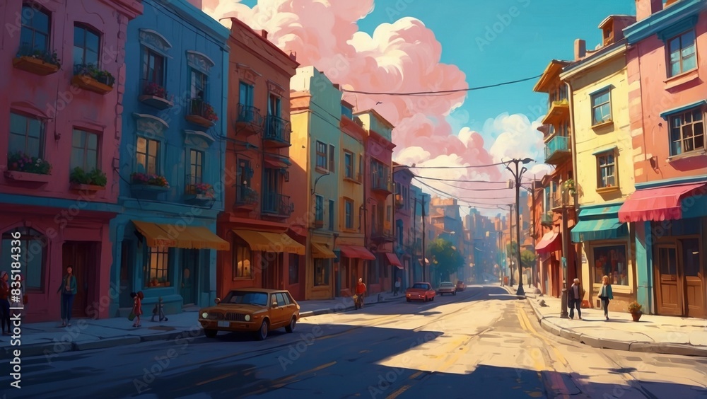 Fototapeta premium Beautiful illustration like a fantasy game showing a housing estate and a town