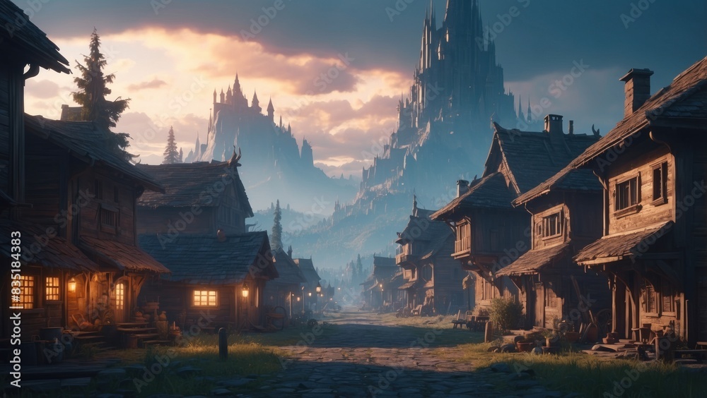 Beautiful illustration like a fantasy game showing a housing estate and a town Beautiful illustration like a fantasy game showing a housing estate and a town