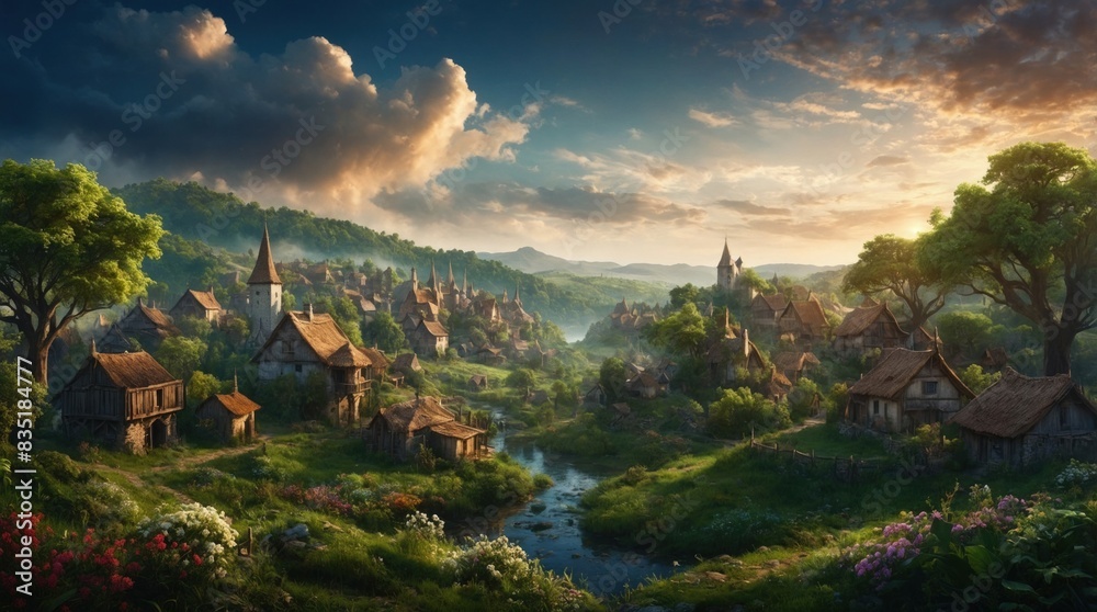 Beautiful fantasy game illustration showing a panoramic view of a steampunk town