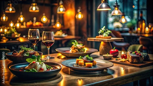 Moody atmospheric shot of gourmet dishes in a dimly lit restaurant   ambient light  food serving  selective focus  dining  cuisine  dinner  supper  meal  elegant  dimly lit  atmospheric