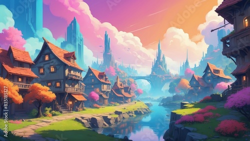 Beautiful illustration like a fantasy game showing a housing estate and a town