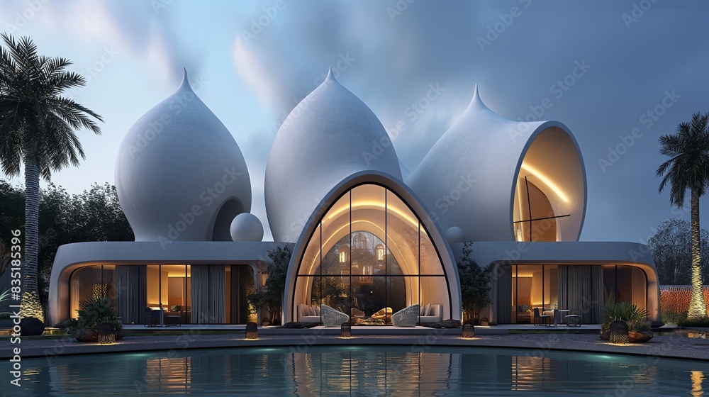 Fototapeta premium A Modern Minimalist White Dome-Shaped Building And Green Environment.