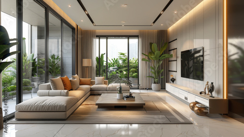 Modern, sunlit living room with elegant furnishings, large windows overlooking lush greenery, neutral tones, and ambient lighting creating a tranquil and inviting atmosphere.