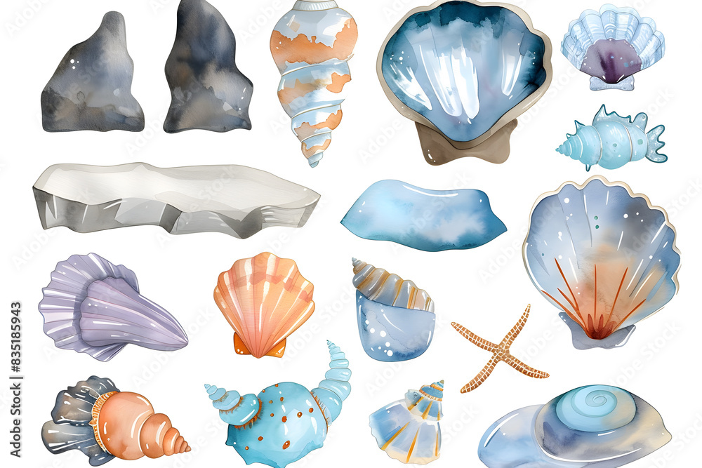 Watercolor cartoon sea shells collection isolated on white background