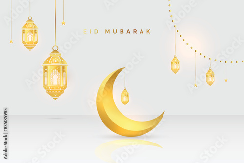 Eid mubarak post design with half moon and lantern. Golden color eid mubarak background design. Ramadan. Eid al adha design. Islamic holiday. Abstract.