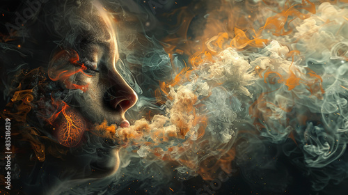 A vivid image shows a person s serene face enveloped by mystical  swirling smoke  blending with ethereal colors and mesmerizing patterns.