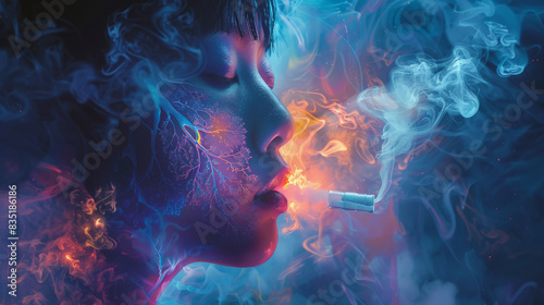 A person inhales while smoking a cigarette, surrounded by colorful and surreal smoke patterns in a dark, dreamlike setting.