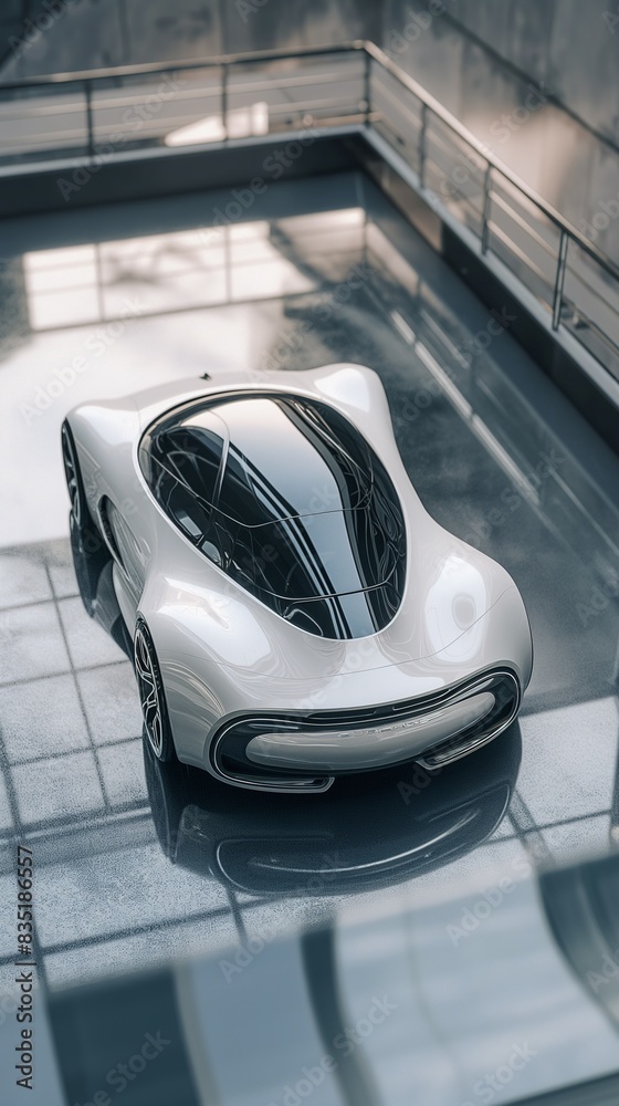 Obraz premium A Sport Car Parked On In Front Of A Modern Building With A Curved Facade.