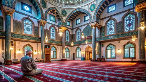 Interior of a mosque during Ramadan with person in prayer, Muslim, Islam, Ramadan, mosque, religion, spirituality, faith, prayer, sacred, holy, worship, fasting, peaceful, meditative