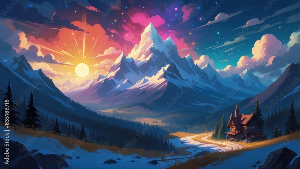 Landscape colorful illustration of winter mountains
