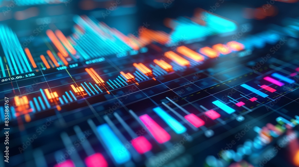 Digitally generated image of multi coloured vertical bars. Concept of fintech technology, new banking and investment. Clean design. Digitally generated image of multi coloured vertical bars. Concept of fintech technology, new banking and investment. Clean design.