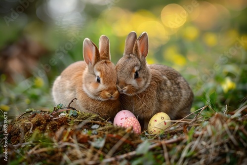 Two baby rabbits sitting on grass with decorated Easter eggs and moss. High-resolution photograph with soft lighting and natural background. Easter celebration and springtime concept. Generative AI