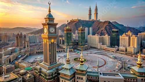 Iconic Clock Tower in Mecca with Abraj Al Bait complex and Masjid Al Haram in the background , Mecca, Saudi Arabia, Zam Zam Tower, Clock Tower, Abraj Al Bait, Masjid Al Haram, iconic photo