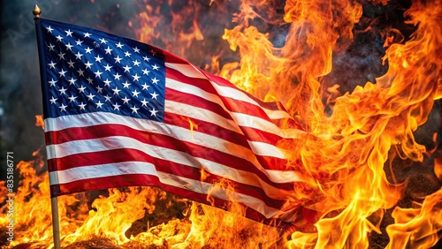 American flag burning in a fire, patriotism, protest, destruction, symbolic, controversial, political, unrest, heat, flame, flames, bonfire, anger, hate, discord, divisive, American photo