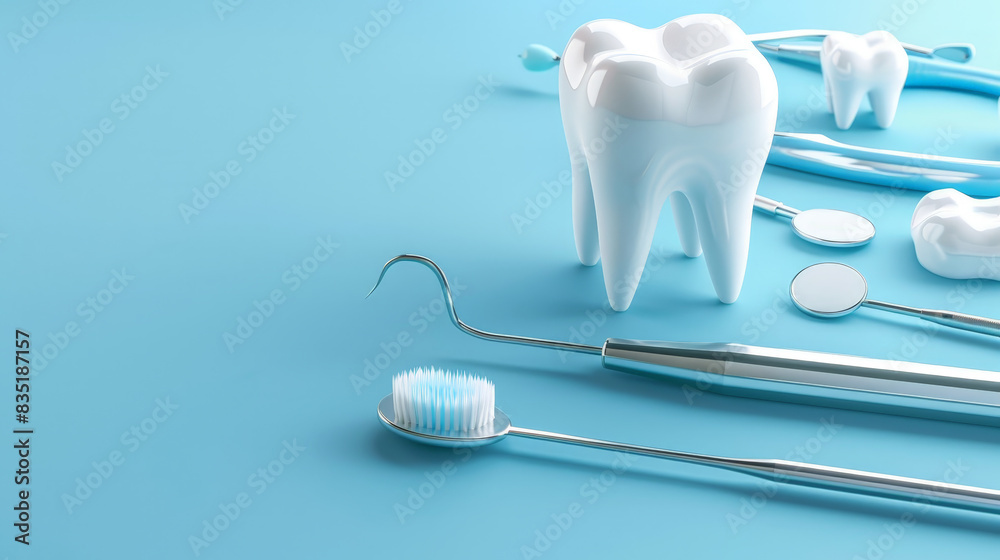 Dental Care Tools and Model Teeth on Blue Background with Space for Text Dental Care Tools and Model Teeth on Blue Background with Space for Text