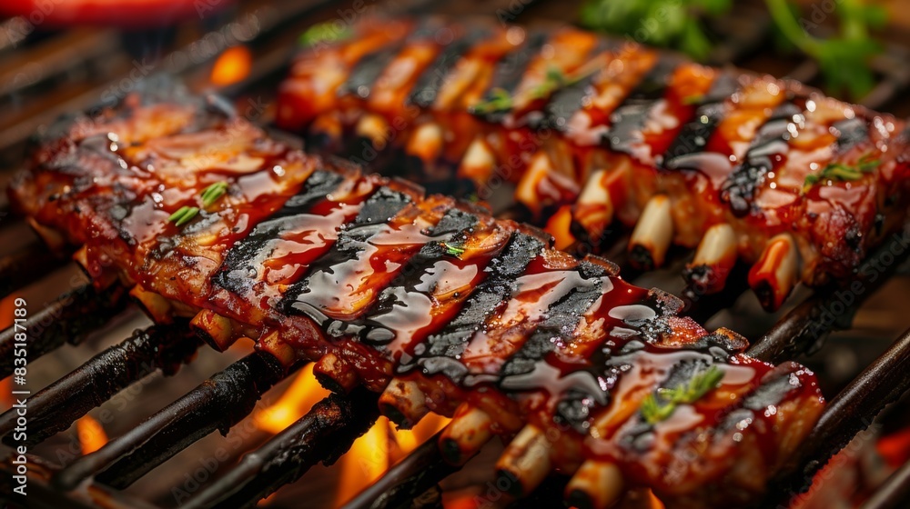 Grilled pork ribs cooking on a barbecue grill, with grill marks forming and barbecue sauce caramelizing, in a backyard barbecue setting. Grilled pork ribs cooking on a barbecue grill, with grill marks forming and barbecue sauce caramelizing, in a backyard barbecue setting.