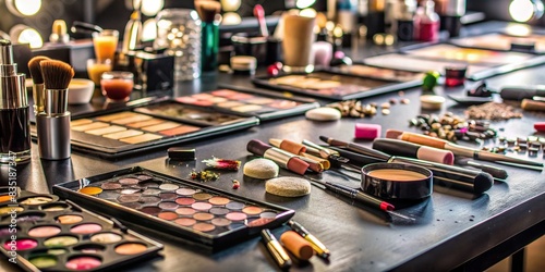 Make-up scattered on a black table in a dressing room, cosmetics, beauty, vanity, mirror, preparation, fashion, accessories, brushes, lipsticks, powders, shadows, makeup, table, clutter photo