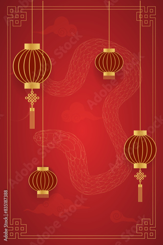 Chinese new year, gold and red, template for greeting, banner, poster. vertical 2025 snake on background
