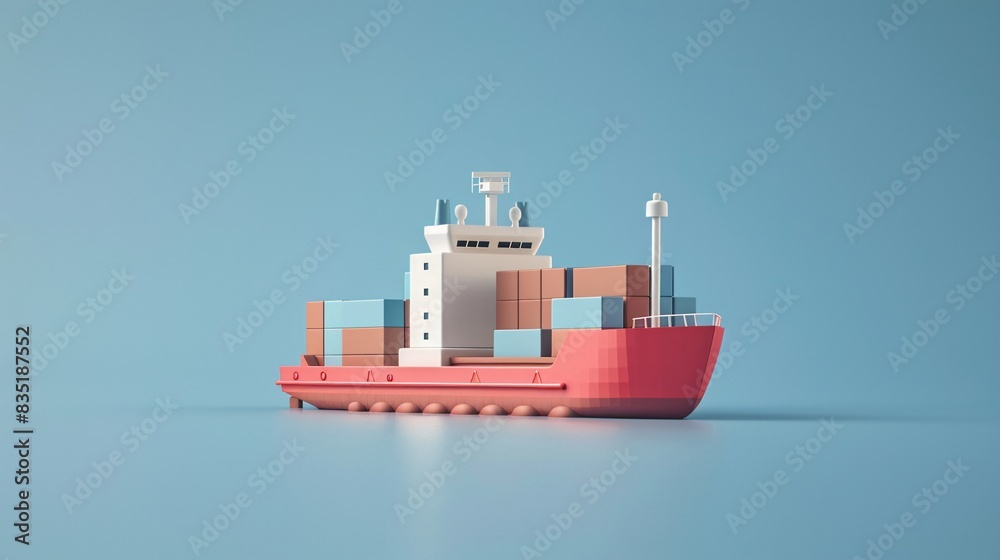 Obraz premium Minimalistic 3D rendering of a red cargo ship with containers against a blue background, highlighting modern maritime transportation. 3D Illustration.