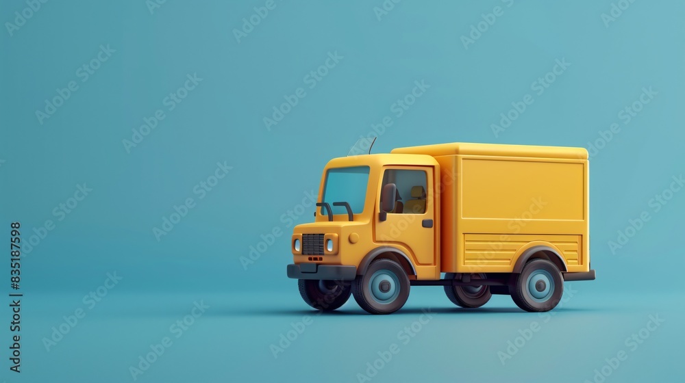 Minimalistic 3D rendering of a vibrant yellow delivery van on a bright blue background, showcasing simplicity and clarity in design. 3D Illustration. Minimalistic 3D rendering of a vibrant yellow delivery van on a bright blue background, showcasing simplicity and clarity in design. 3D Illustration.