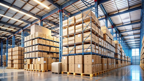 Cardboard boxes stacked high in a modern warehouse setting , warehouse, storage, retail, inventory, shipping, packages, corrugated, logistics, organization, supplies, delivery, shipment photo