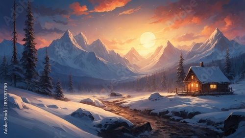 Fantasy landscape winter cottage in the mountains photo