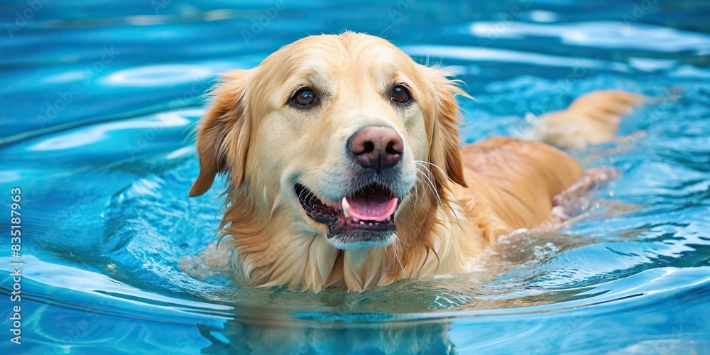 Cream golden retriever dog enjoying a swim in a pool, dog, pet, animal, swimming, pool, water, golden retriever, cream, fun, leisure, relaxation, outdoor, sunny day, happy, wet, playful