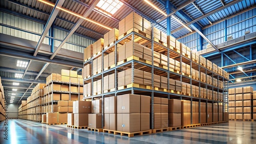 Cardboard boxes stacked high in a modern warehouse setting , warehouse, storage, retail, inventory, shipping, packages, corrugated, logistics, organization, supplies, delivery, shipment photo