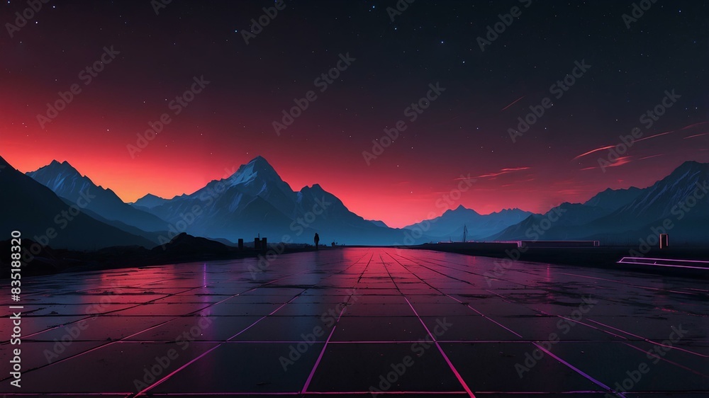 Neon-Lit Mountain Landscape at Sunset