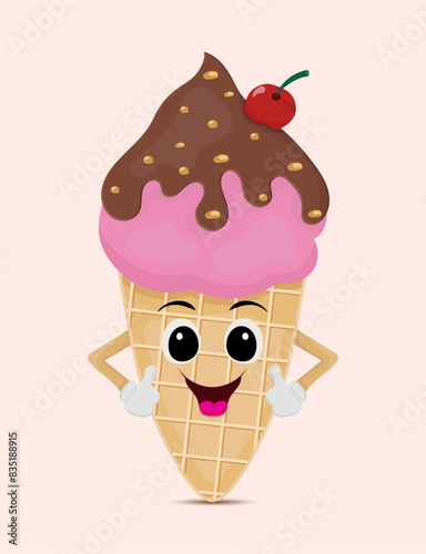 Cute Ice Cream Character Showing Two Thumbs Up