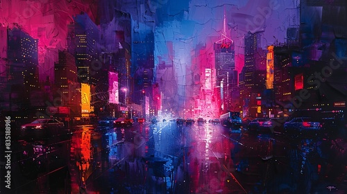 An abstract rendition of a cityscape at night. 