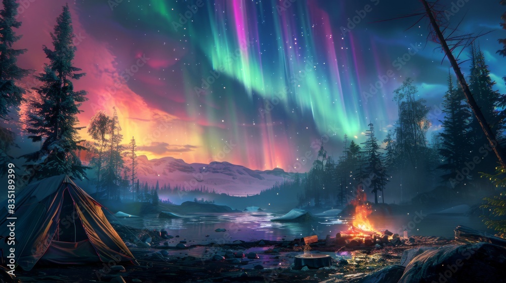 Fototapeta premium Northern Lights seen from a campsite, with tents and a campfire in the foreground and a vibrant sky above.