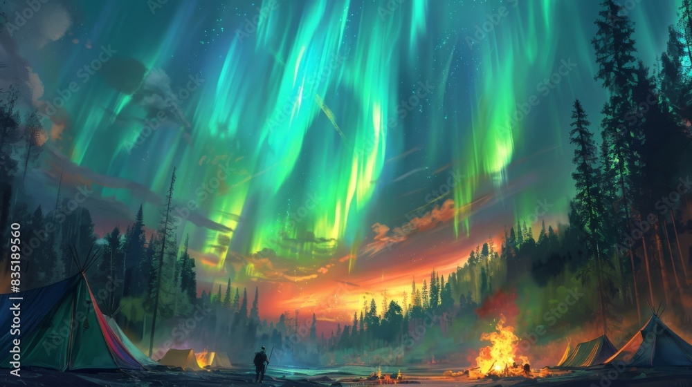 Northern Lights seen from a campsite, with tents and a campfire in the foreground and a vibrant sky above. Northern Lights seen from a campsite, with tents and a campfire in the foreground and a vibrant sky above.