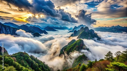 Mountain landscape with low-hanging clouds , mountains, nature, scenic, clouds, overcast, fog, serene, panoramic, weather, misty, atmospheric, tranquil, vista, outdoor, tranquil, remote, mist photo