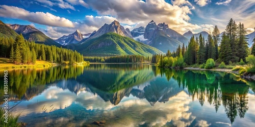 Tranquil landscape featuring a peaceful lake surrounded by majestic mountains, Scenic, nature, serene, calm, reflection, tranquil, water, outdoors, wilderness, beautiful, tranquil, picturesque photo