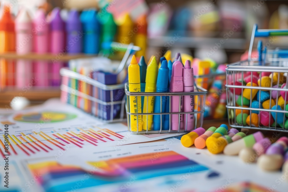 A vivid array of colorful crayons and stationery items on a desk, highlighting creative tools and art supplies A vivid array of colorful crayons and stationery items on a desk, highlighting creative tools and art supplies