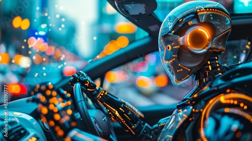color photo of: a humanoid robot in a futuristic setting sleek and polished metallic body, exuding a sense of advanced technology, articulated limbs, allowing for fluid and precise movements, glowing  photo