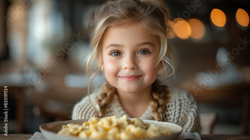 An adorable girl with a bowl of mac and cheese has a heartwarming smile photo