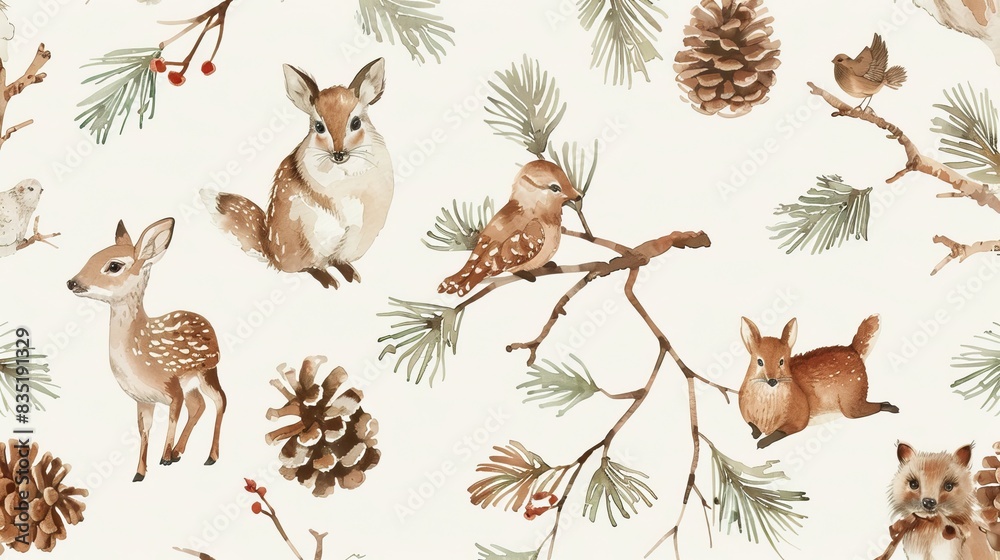 Rustic woodland pattern with watercolor branches, pinecones, and small forest animals, perfect for rustic home decor accents Rustic woodland pattern with watercolor branches, pinecones, and small forest animals, perfect for rustic home decor accents