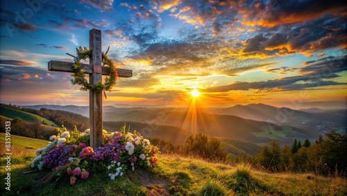 A wooden cross with a crown of thorns on a hilltop surrounded by flowers and a beautiful sunset , Jesus, Christ, Cross, Easter, Background, Resurrection, Christianity, Religion, Sacrifice photo
