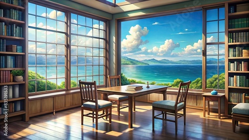 Reading room with table, chairs, and books with a beautiful sea view from the window. Cartoon or Japanese anime watercolor painting style, reading room, table, chairs, books, sea view photo