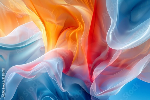 This image features bright abstract shapes reminiscent of undulating fabric in blue, orange, and white