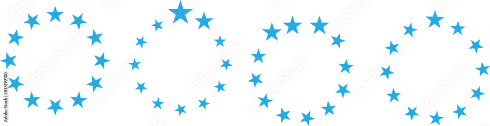Stars of various sizes arranged in a circle. Round frame, border. Design element, ornament. Black star shape, simple symbol. Vector illustration eps 10. Stars of various sizes arranged in a circle. Round frame, border. Design element, ornament. Black star shape, simple symbol. Vector illustration eps 10.