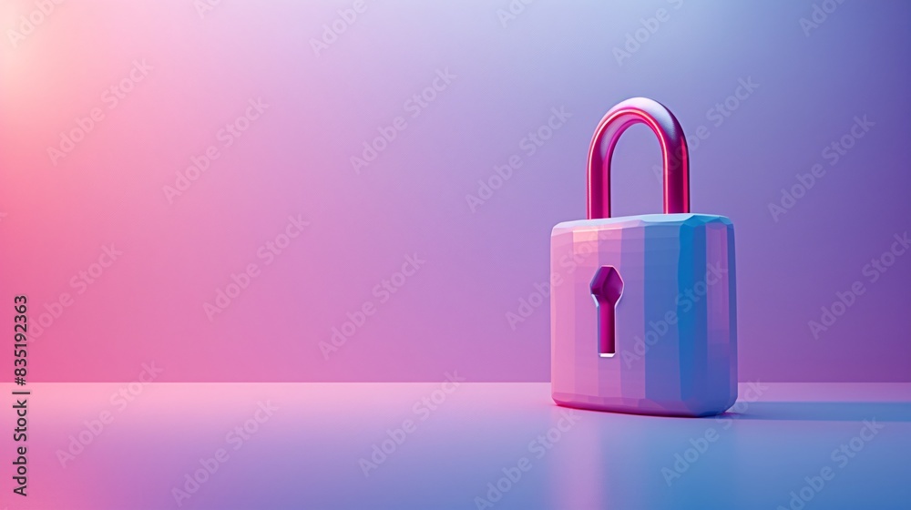 Modern padlock with a sleek design, illuminated by colorful gradient lighting on a smooth surface, symbolizing security and privacy. 3D Illustration. Modern padlock with a sleek design, illuminated by colorful gradient lighting on a smooth surface, symbolizing security and privacy. 3D Illustration.